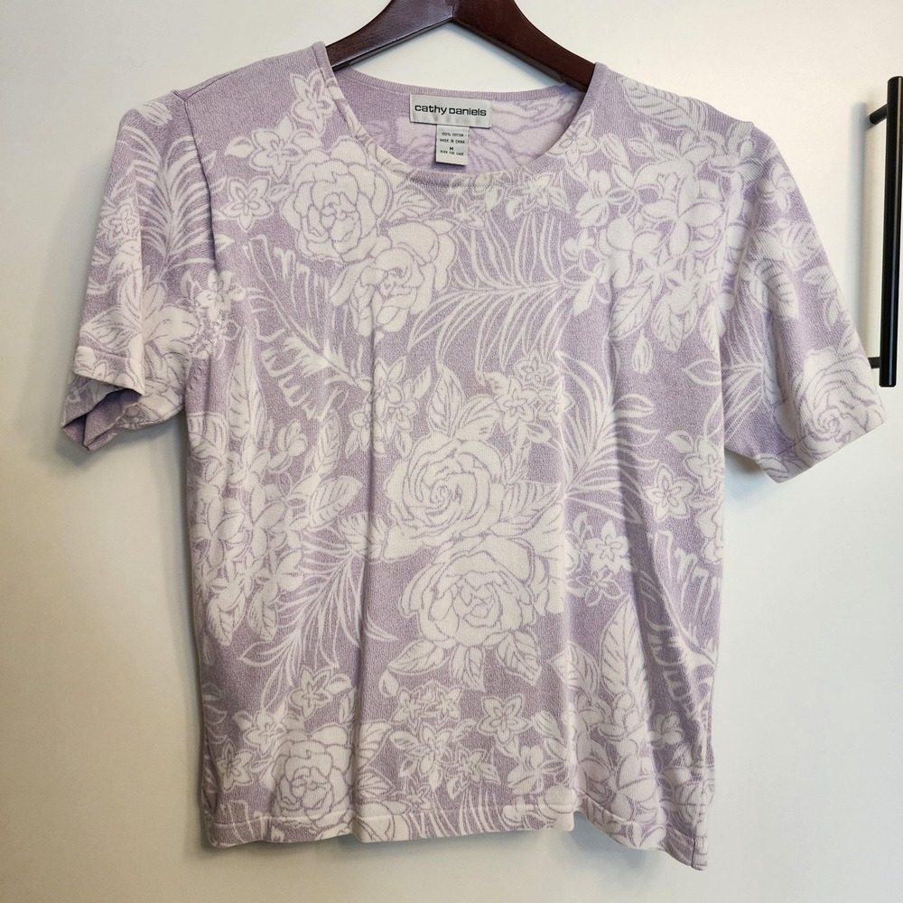 Cathy Daniels Floral Cotton Knit Tee Light Purple White Short Sleeve Top Medium